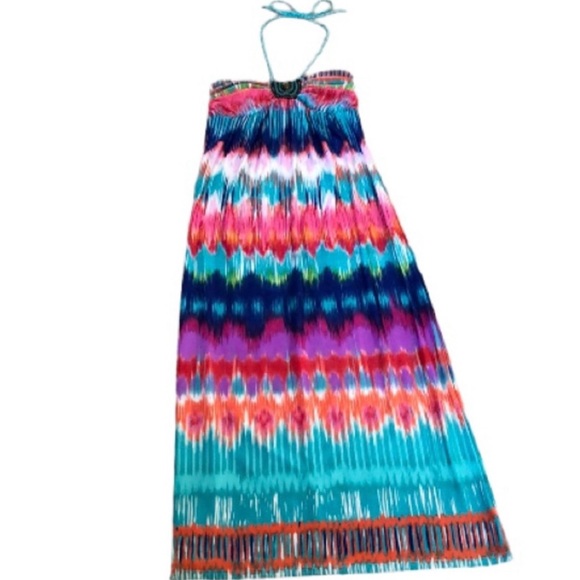 Heartsoul Womens Maxi Halter Dress Ikat Multicolor Beach Lounge Sz S - Picture 2 of 13